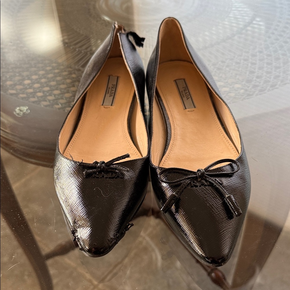 One Good and one Damaged Prada Black Pointed Leather Ballet Flat with Bow Accent - Picture 2 of 5